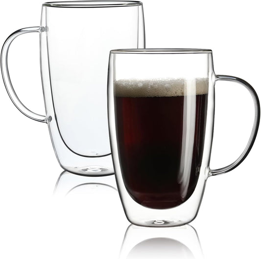 Aurzen 2 Pack Double Walled Glass Coffee Mugs with Handles, Large Insulated Layer Coffee Cups, 15oz Clear Borosilicate Mugs, Perfect for Cappuccino, Tea, Microwave Safe