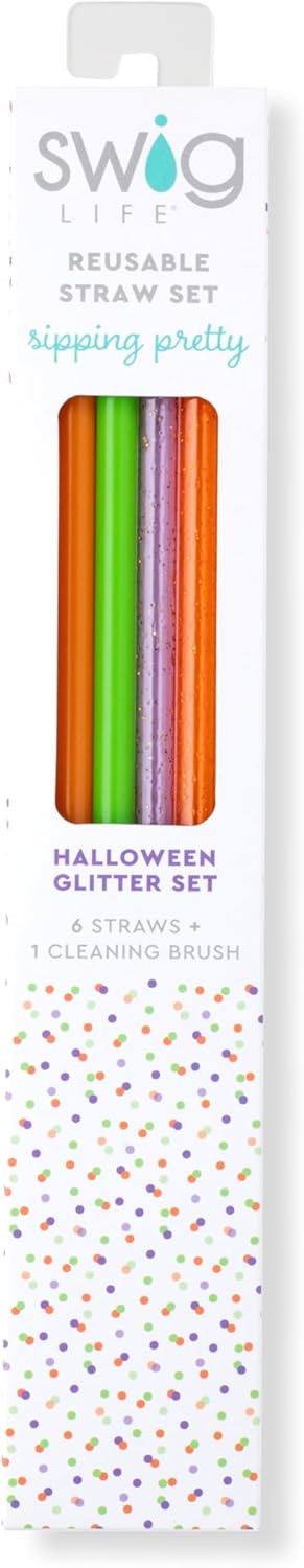 Swig Life Reusable Straws Halloween Glitter Tall Straw Set & Cleaning Brush, Each Straw is 10.25 inch Long (Fits Swig Life 20oz Tumblers, 22oz, and 32oz Tumblers)