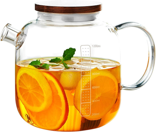 Glass Pitcher with Lid and Spout, 40OZ Glass Water Jug, Glass Carafe for Hot/Cold Water, 1200ml Glass Water Pitcher for Fridge, Glass Teapot, Large Iced Tea Pitcher for Homemade Beverage