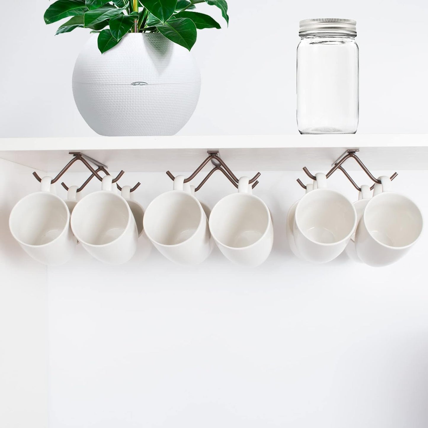 Cabinet Hook Mug Holder - Hanging Coffee Cup Rack for Kitchen, Under Cabinets Metal Hangers Organizer Shelf Storage Utensil (Brown)