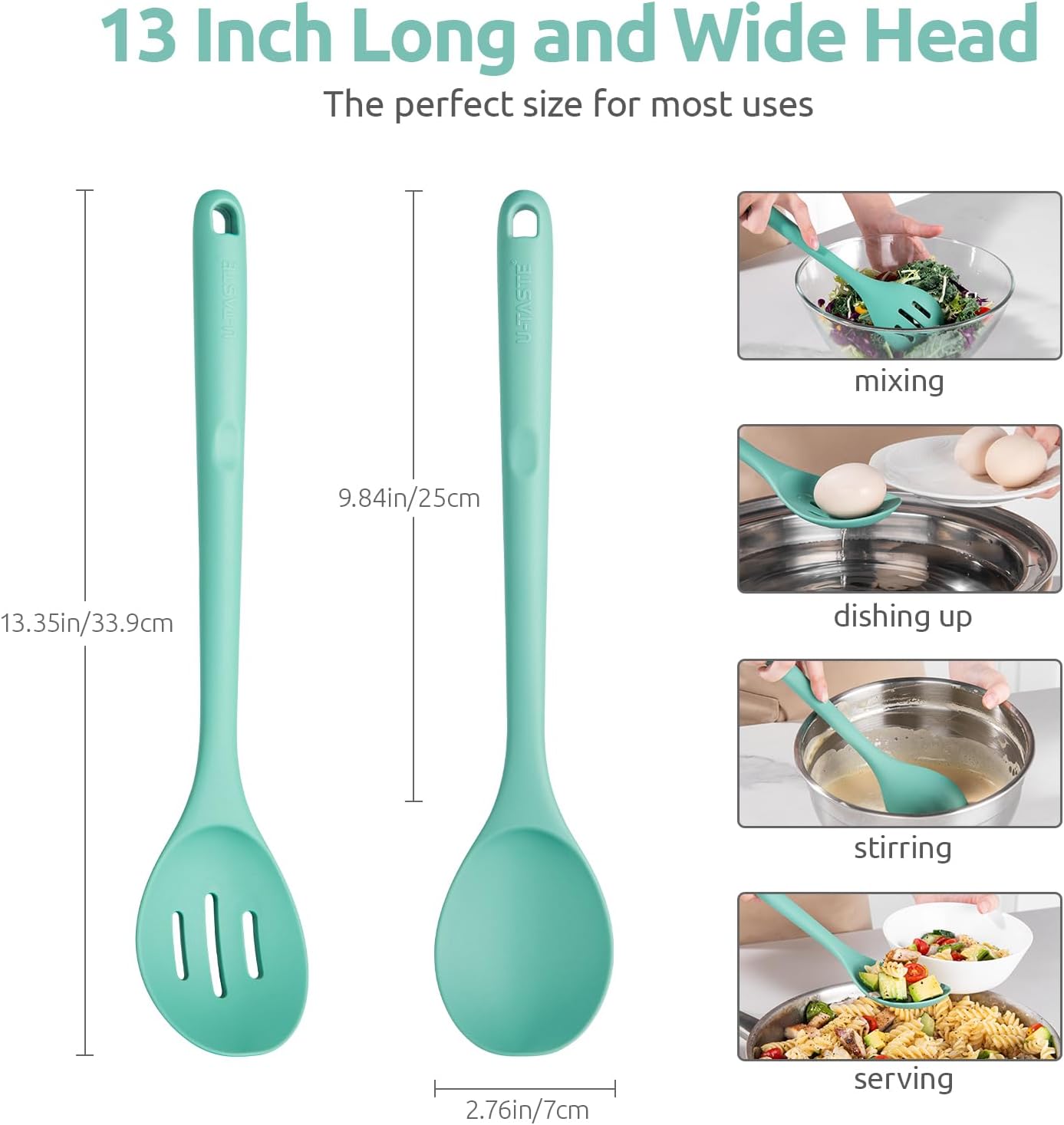600ºF Heat Resistant Silicone Spoons: U-Taste 13.3in Solid & Slotted Kitchen Cooking Tool, Nonstick Long Rubber Utensil, Sturdy for Mixing, Serving, Stirring, Frying, Basting (Aqua Sky, 2PCS)