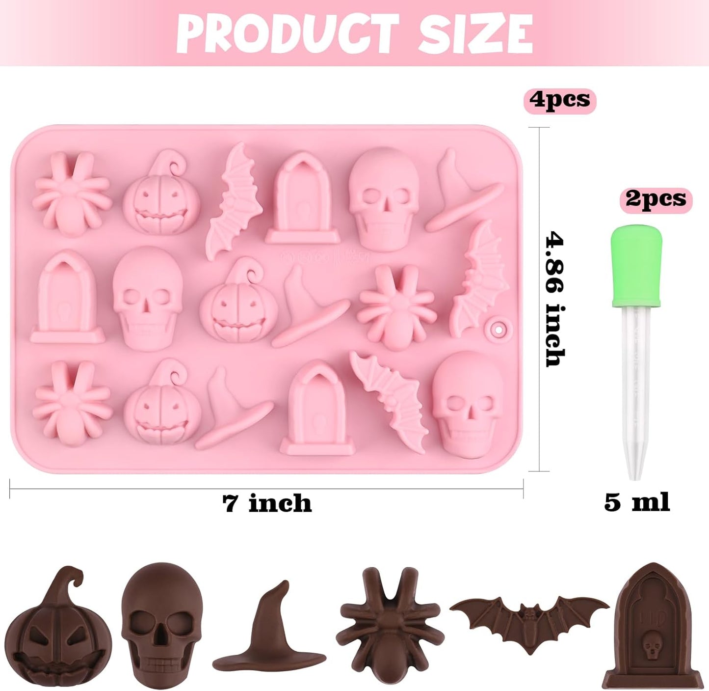 Actvty Halloween Chocolate Silicone Mold, 4 Packs Candy Gummy Molds of 18 Cavity with Skull Pumpkin Ghost Witch Hat Bat Spider Tombstone Shapes for Baking Chocolate Gummy Jelly Dessert