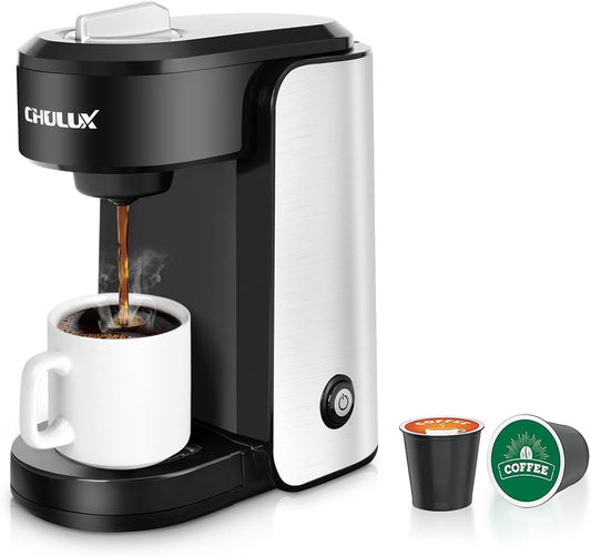 CHULUX Single Serve Coffee Maker, 1000 Watts Single Cup Stainless Steel Coffee Machine for Capsule and Ground Coffee with Graduated Water Tank, One Button Operation