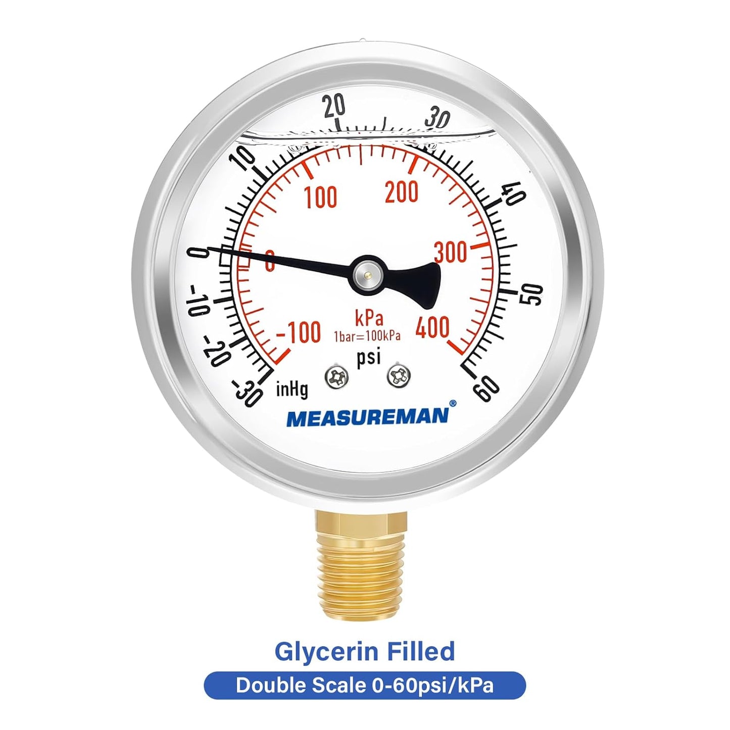 MEASUREMAN 2-1/2" Dial Size, Glycerin Filled Pressure Gauge, 30inHG-60psi, 304 Stainless Steel Case, 1/4" NPT Lower Mount