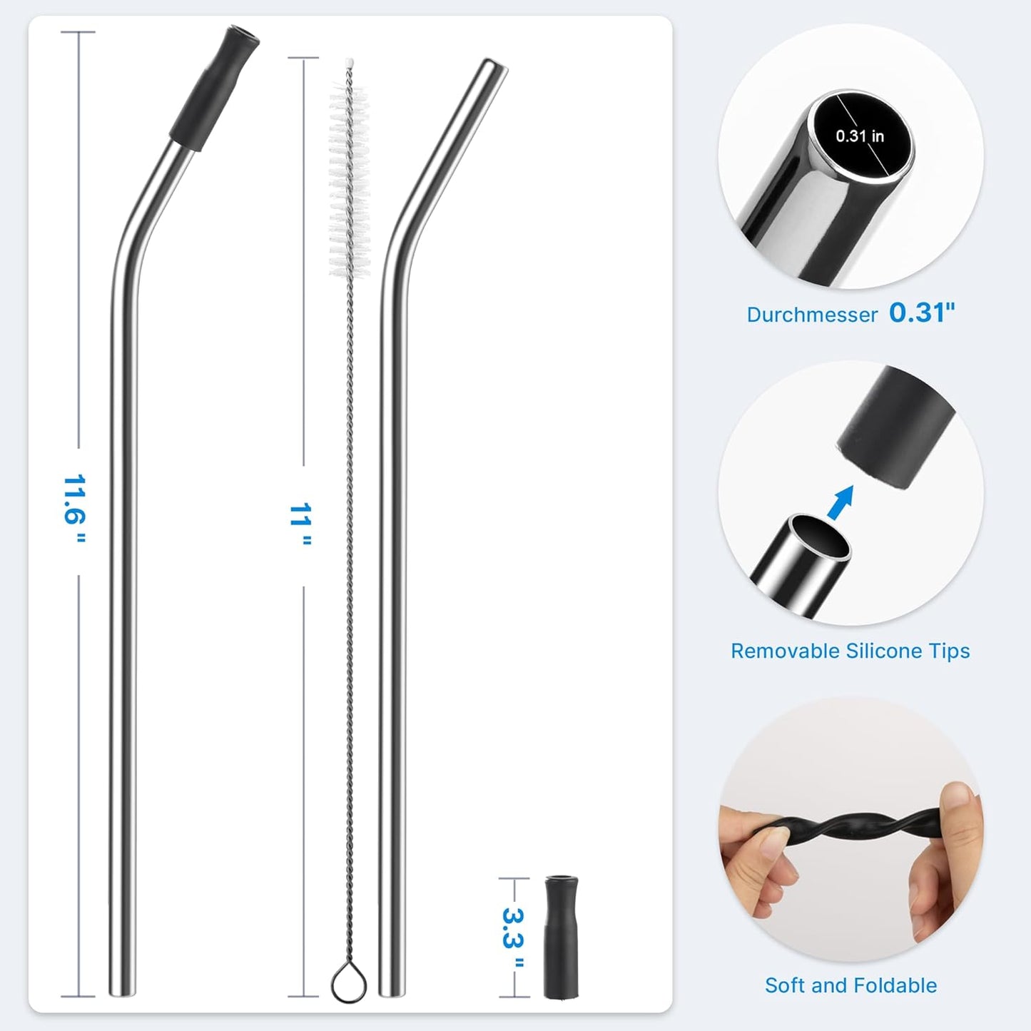 Repeatable Metal Straw with Silicone Tips for 30 oz Stanley Tumbler, 2 Pcs 30 oz Stainless Steel Straws Replacement for Stanley Tumbler, 1 Straw Brush, BPA Free（Black）