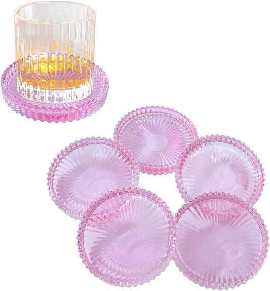 Glass Coaster 6 Pack Round Cup Coasters for Drinks,Crystal Coffee Coaster,Stylish Drink Coasters for Kitchen Bar Dining Room Living Room Office Decor and Jewelry Storage,Pink