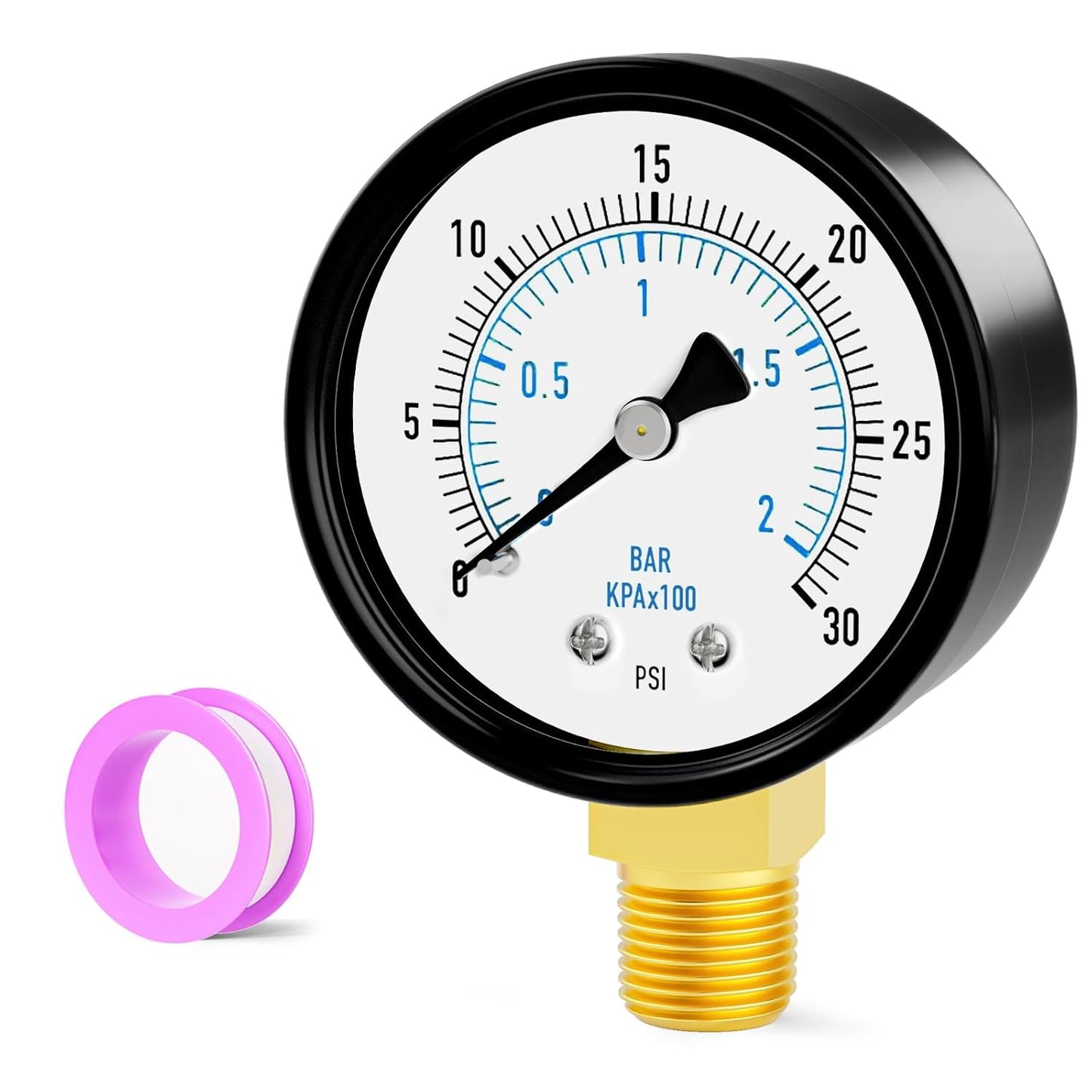 0-30PSI Well Pump Pressure Gauge 2" Dial Size, 1/4" NPT Lower Mount, 3-2-3% Accuracy, for Tube, Water Pump, Gas, Liquid, Pressure Test