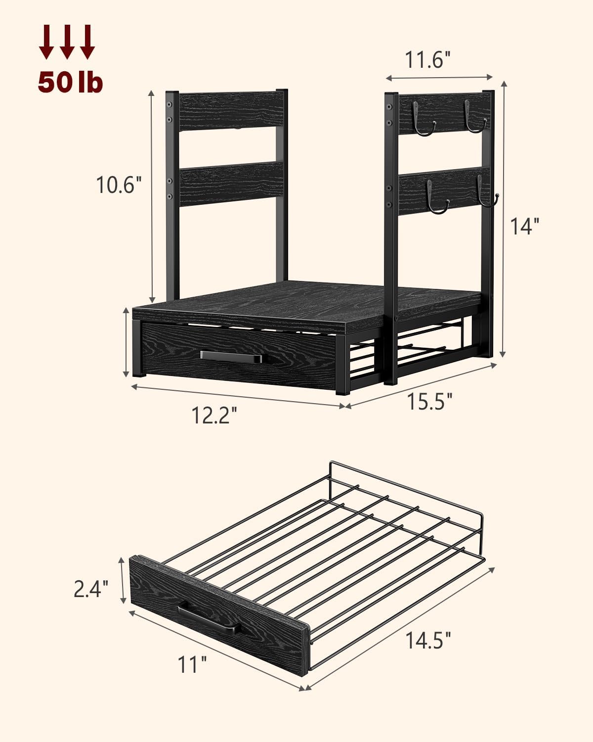 Coffee Pod Drawer for K Cup, 35 Pods K-Cup Holder Organizer with Cup Holder, Durable Coffee Maker Stand with Storage Drawer, Black