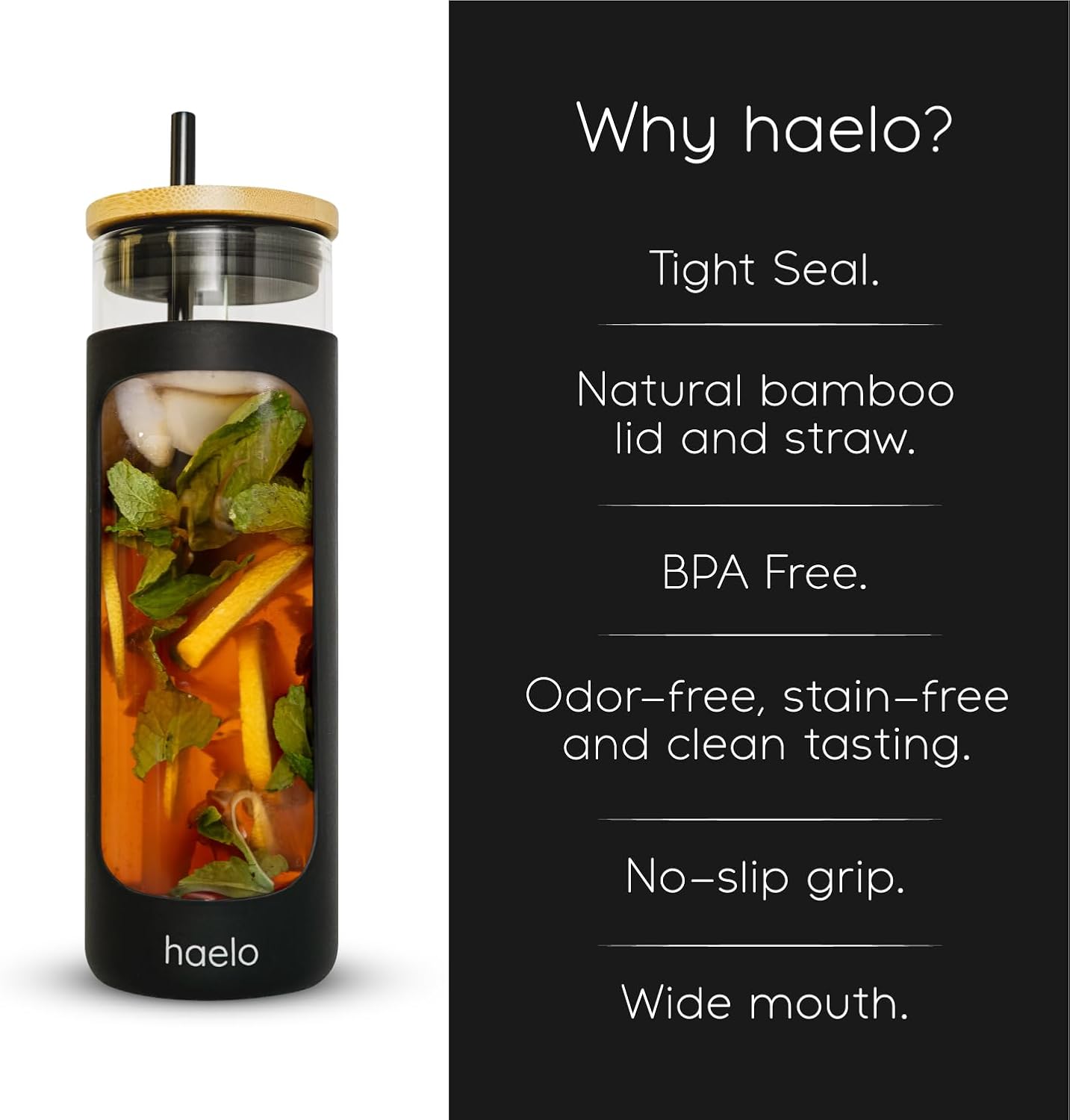 haelo 20oz Glass Tumbler Water Bottle, Iced Coffee Cup with Straw, Silicone Protective Sleeve, Bamboo Lid Reusable BPA Free (Amber)