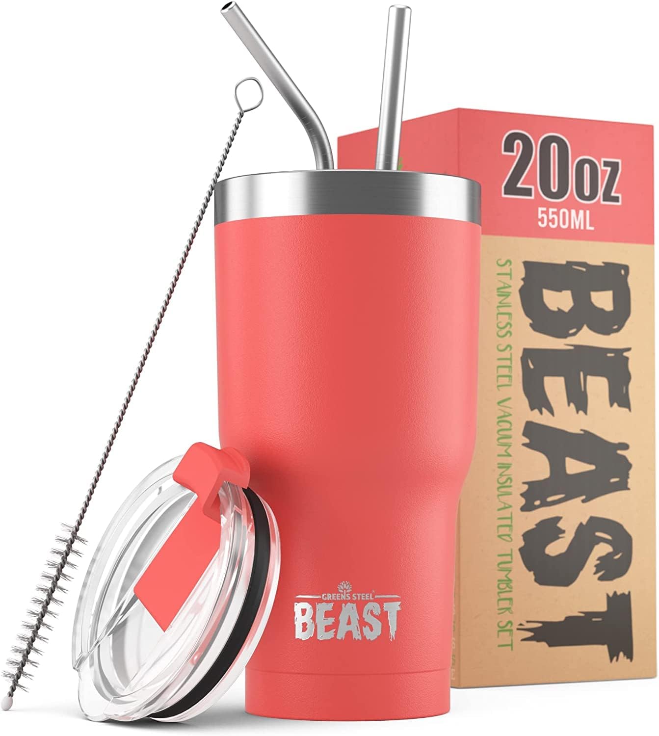 Beast 20 oz Tumbler Stainless Steel Vacuum Insulated Coffee Ice Cup Double Wall Travel Flask (Coral Pink)