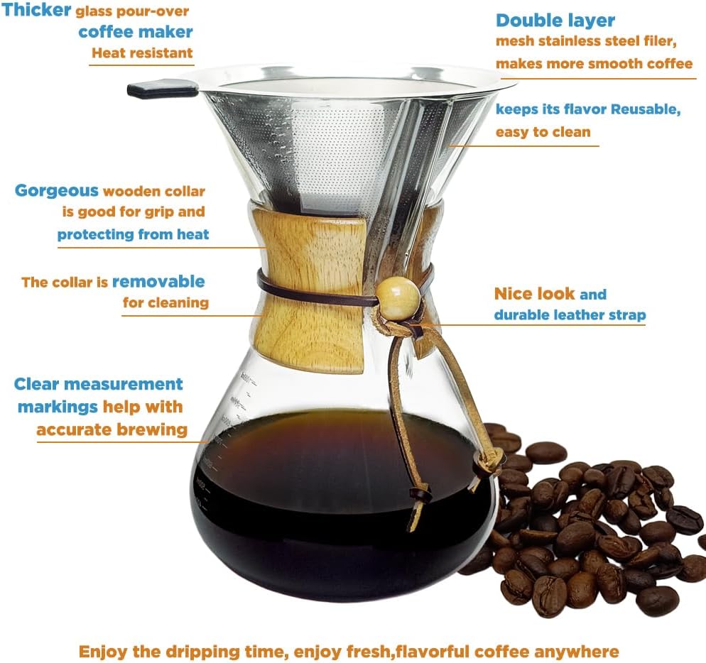 Subjectthree Coffee Pour Over 8 Cup Coffee Maker Glass Coffee Dripper Carafe Pot with Filter for Home Office Camping Easy Clean (8 Cup/28 oz)