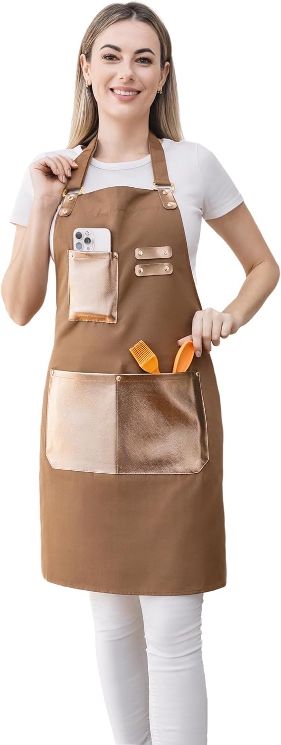 Barista Waitress Chef Cooking Aprons Waterproof Canvas Hair Stylists Apron with 3 Pockets for Women