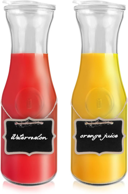Glass Carafe with Acrylic Lid,35 Oz Beverage Dispensers Carafe,Mimosa Bar Supplies,Clear Glass Pitcher with Name Labels for Iced Tea,Coffee,Juice(Set of 2)