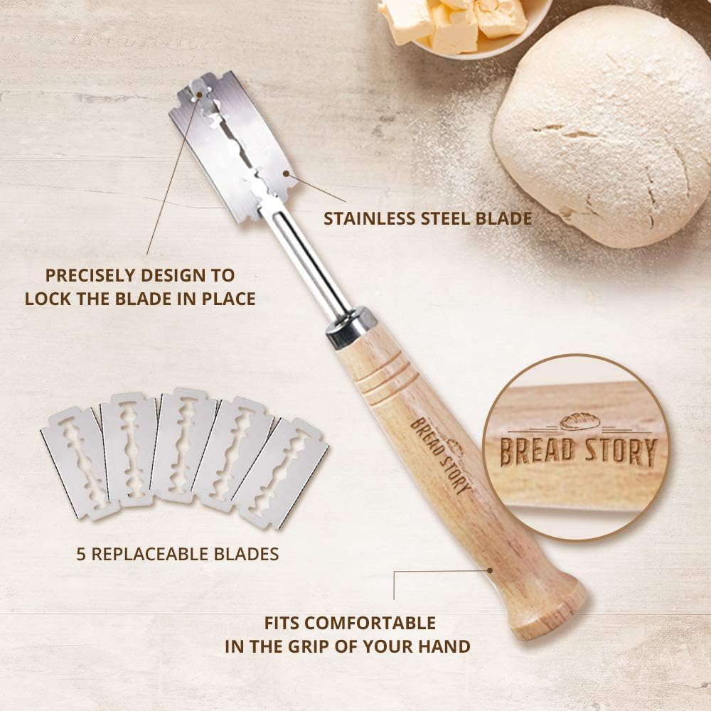Bread Story Danish Whisk Dough Lame Slashing Tool And Wooden Scraper Tool Used for Pastry Baking Sourdough Starter Kit Set of 3