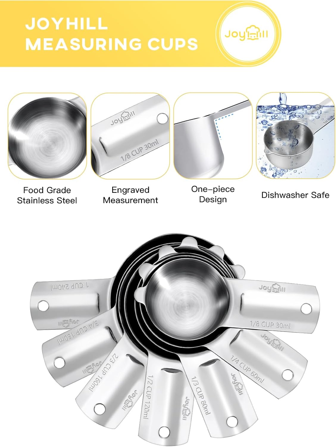 Joyhill Measuring Cups of 7 Pieces, 304 Stainless Steel Measuring Cups Metal for Baking Cooking, Dry and Liquid Ingredients