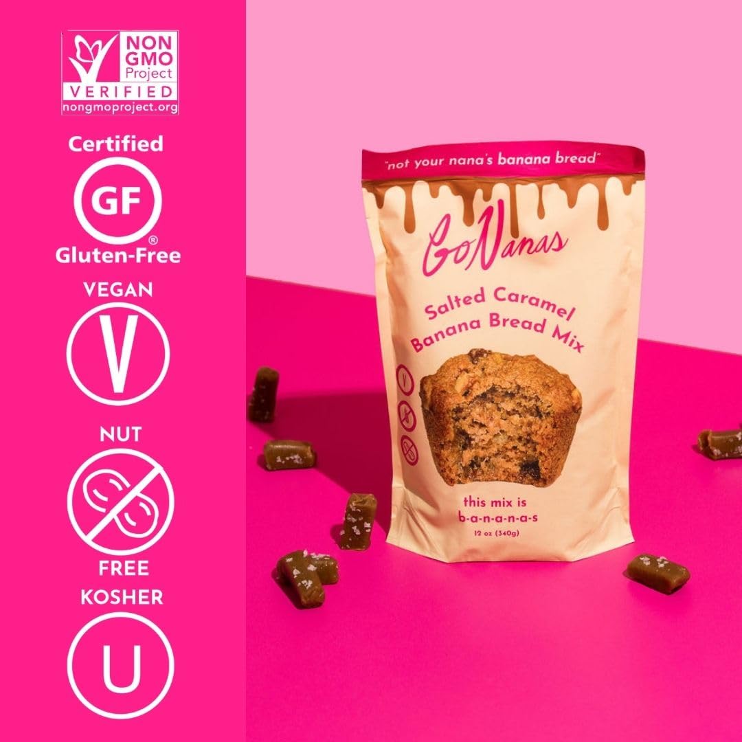 GoNanas Salted Caramel Oat Flour Banana Bread Mix, Suitable for Plant Based Vegan Diets, Gluten Free Dairy Free Snacks, Healthy Snacks For Adults, Muffin Mix, Nut Free, Cupcakes Dessert, NON-GMO, 3pk