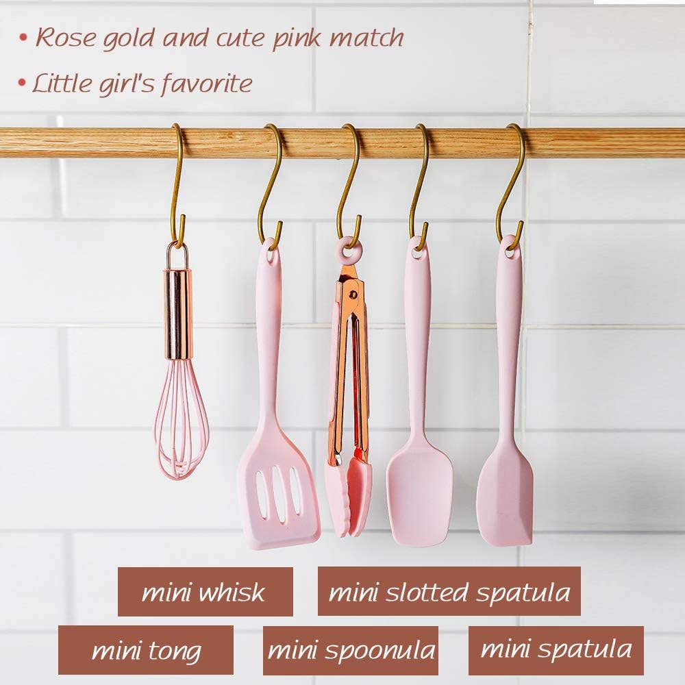 Rose Gold And Pink Kitchen Utensil Small Five-Piece Set Mini Silicone Kids Kitchen Tools Whisk Spatula Tongs Spoon And Slotted Spatula(Kids Baking Supplies)