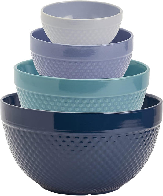TTU Tabletops Gallery Hobnail Style 4 Piece Blue Storm Stoneware Nesting Mixing Bowl Set for Baking and Cooking