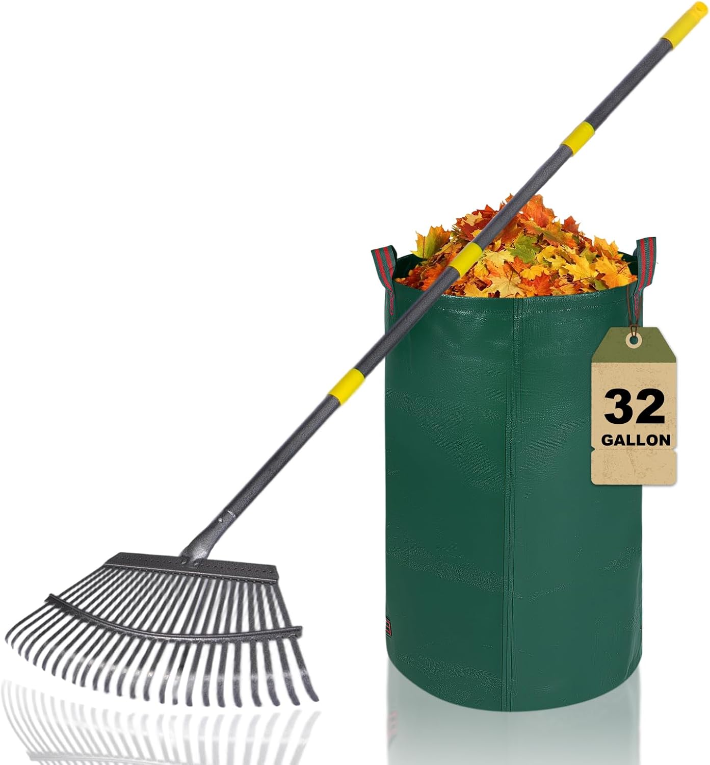 25 Metal Tines Rake for Leaves, 36-73" Adjustable Handle Garden Rakes,18" Wide Heavy Duty Rake with 32Gallon Reuseable Leaf Bag, A Great Cleanup Set for Lawn, Garden, Yards, Shrub,Grass, RV Camping
