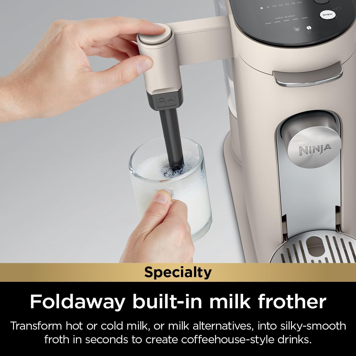 Ninja Pod & Grounds Specialty XL Single-Serve Coffee Maker, K-Cup Pod Compatible, Brews Grounds, Compact Design, Built-In Milk Frother, 68-oz. Reservoir, 6-oz. Cup to 24-oz. Mug Sizes, Stone, PB055AST