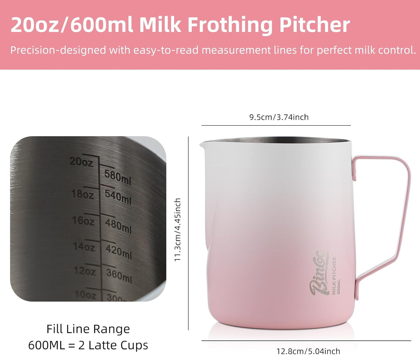 600ml Pink Milk Frothing Pitcher – Stainless Steel Latte Art Coffee Cup with Measurement Markings, Espresso Steaming Jug, Food-Grade & Heat-Resistant for Barista & Home Brewing (Pink white-600ml)