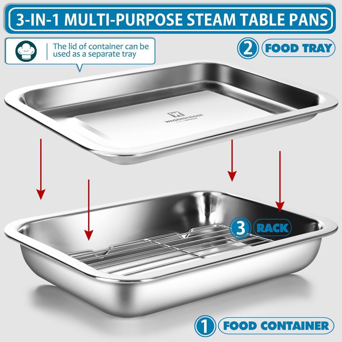 Stainless Steel Steam Table Pan with Rack & Lid (Tray), 2.96Quarts – Buffet Roaster Tray for Catering, Restaurant, Baking & Food Prep (1303 / No3)