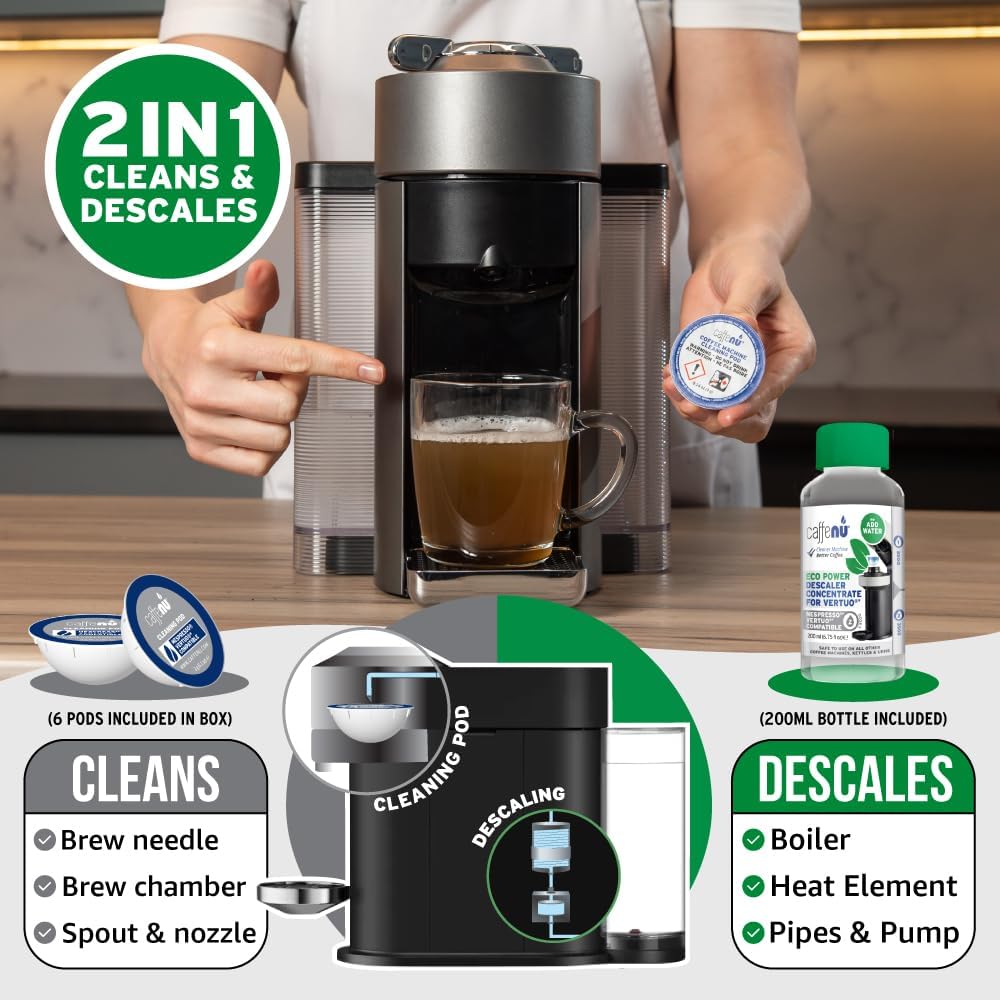 Caffenu Descaling Kit Compatible with Nespresso Vertuo, 2 Uses Descaling Solution and 6 Cleaner Pods. Removes Limescale & Cleans Pod Area. Better Tasting & Hotter Coffee. 4 Months Supply.