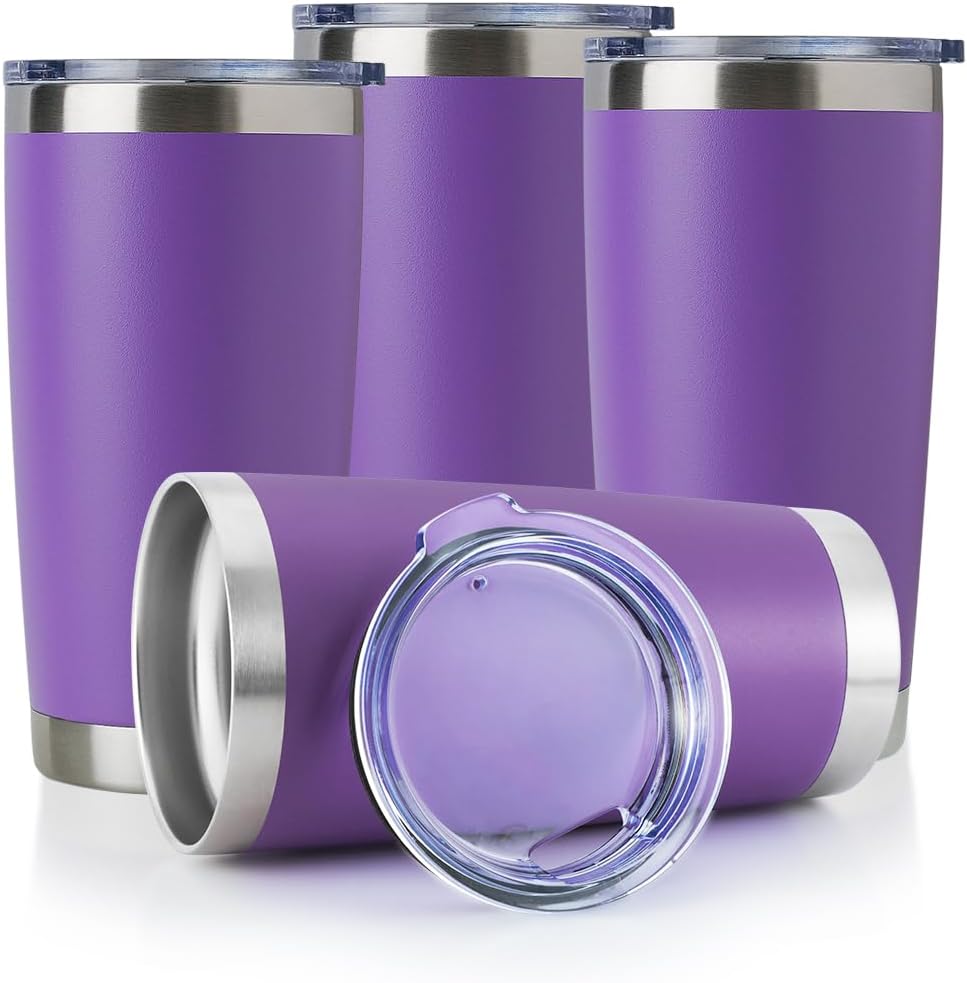 DOMICARE 20oz Stainless Steel Tumbler Bulk with Lid, Double Wall Vacuum Insulated Travel Mug, Powder Coated Coffee Cup (Powder Purple, 4)