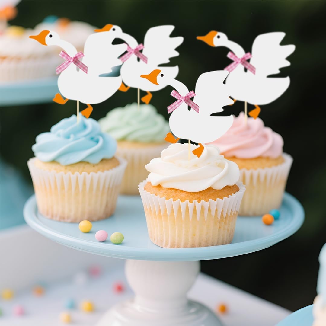 12PCS Silly Goose Cupcake Toppers, Funny Goose Birthday Cake Decorations White Goose Baby Shower Theme Decorations Party Supplies for Baby Boy Girls Birthday Party Decorations