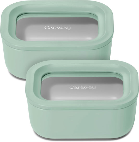 Caraway 2pc Glass Food Storage Set - 2.6 Cup Food Containers (2) - Non-Toxic Ceramic-Coated Glass - Air Release Technology - Compact & Stackable Design - Mist