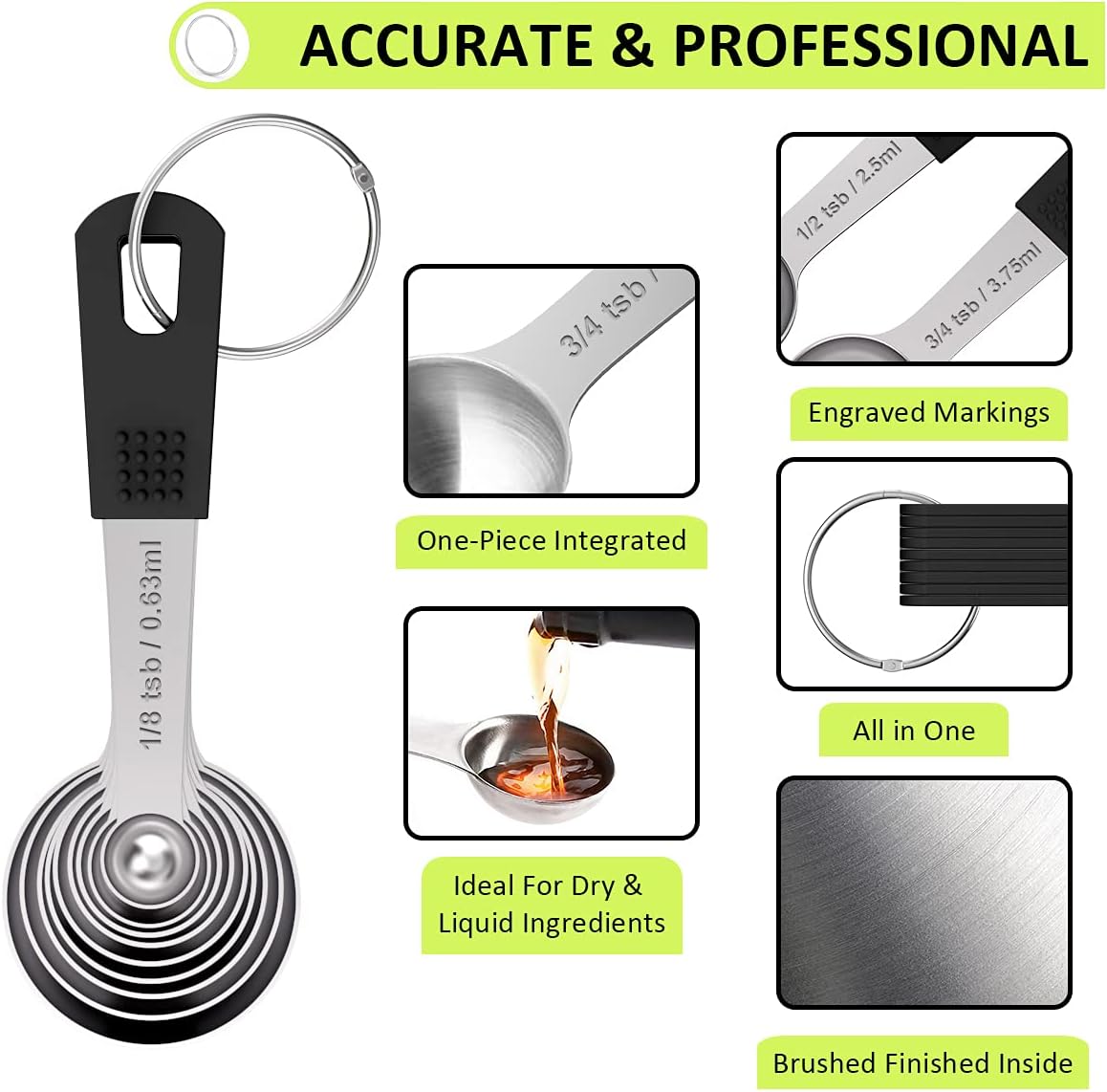 Measuring Cups & Spoons Set of 18 - Wildone Stainless Steel Nesting Measuring Cups 8 Piece and 9 Measuring Spoons, 1 Leveler, Ideal for Dry and Liquid Ingredients (Black)