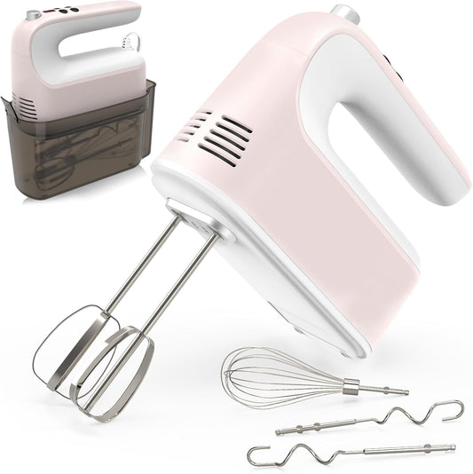 CBQ Hand Mixer Electric, 9 Speed 400W Handheld Mixer with Digital, Touch Button, Turbo, Storage Case, 5x Stainless Steel Accessories, Mixer Electric Handheld for Cake, Cookie, Egg (Pale Pink)