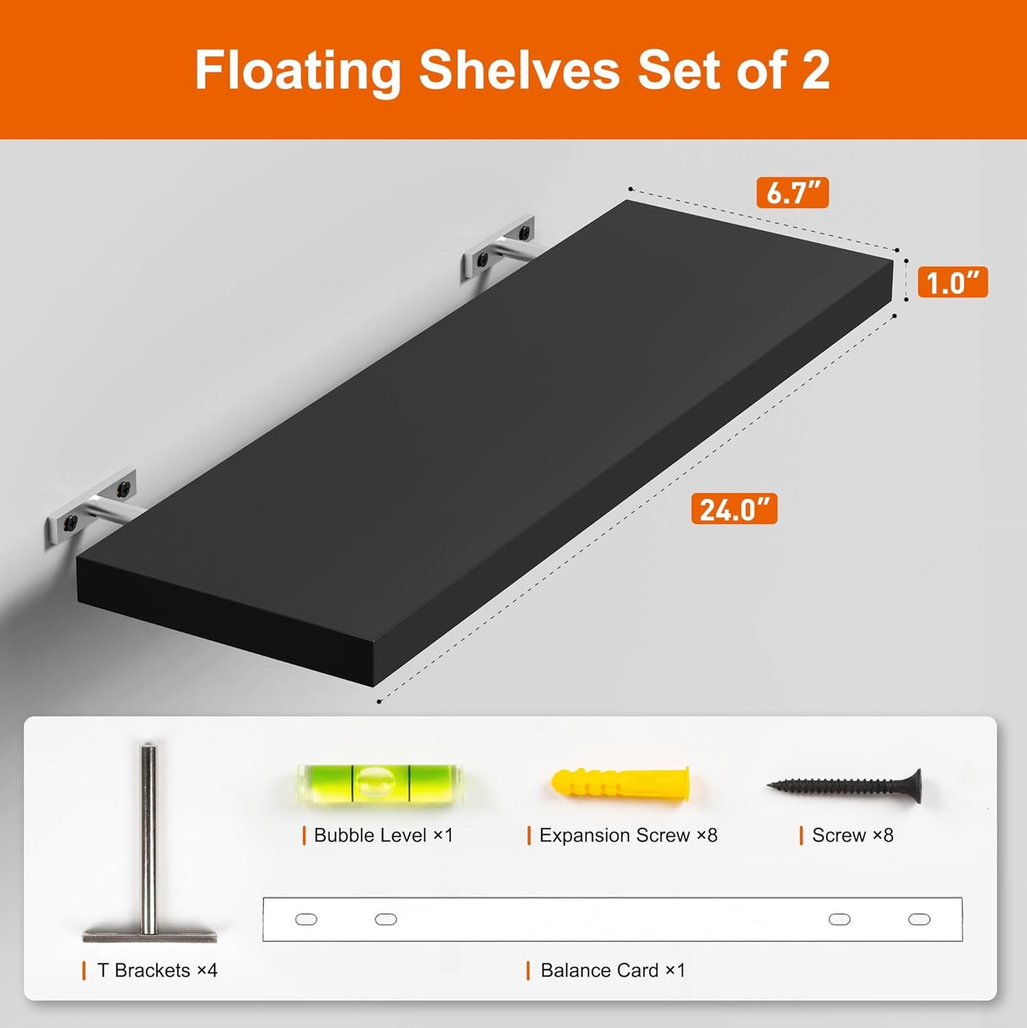 Floating Shelves for Wall, Black Wood Set of 2, 24" Mounted Shelf for Kitchen, Living Room, Bedroom, Bathroom Storage, Book Shelf, Home Decor, Frame Display