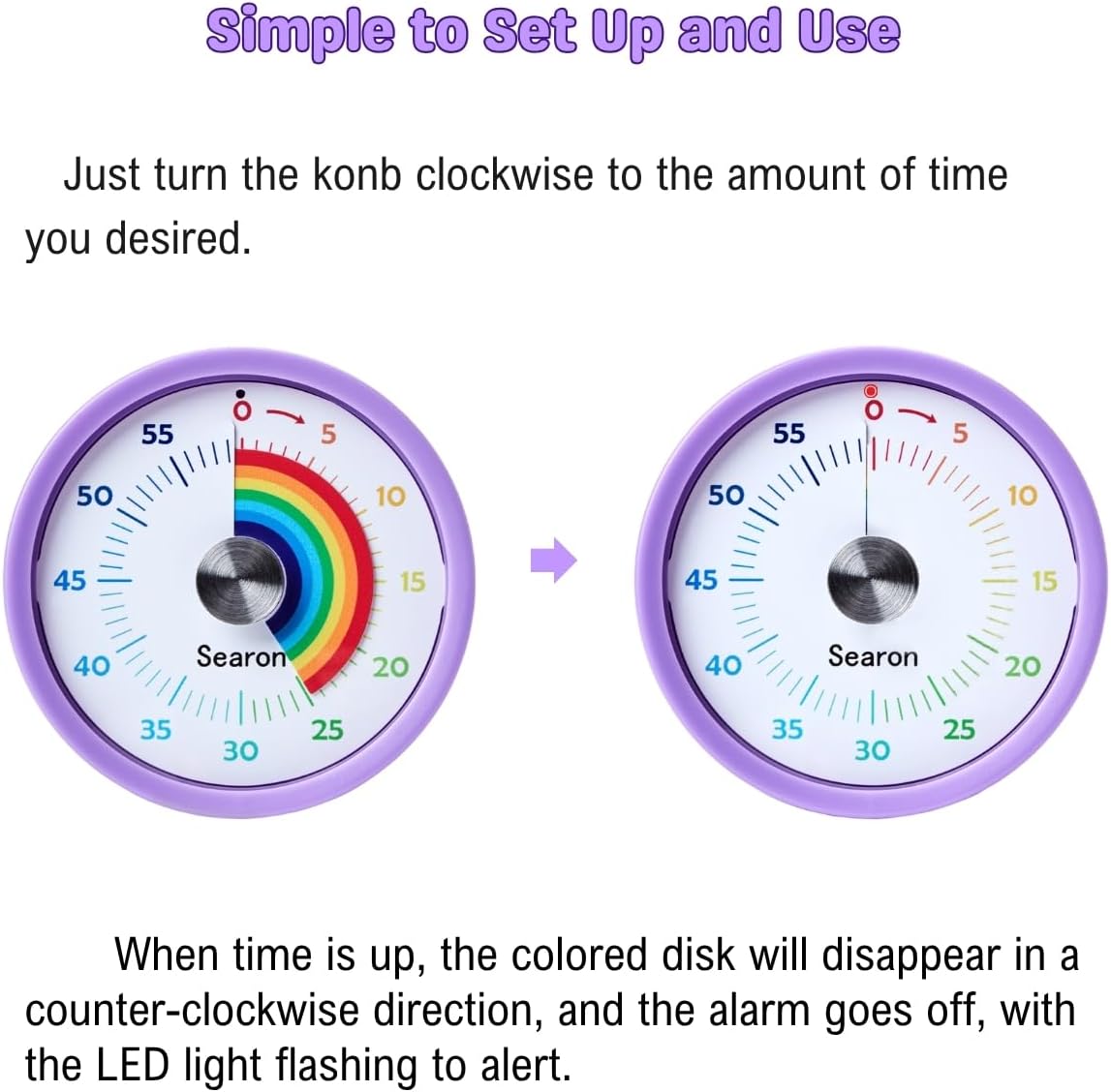 Searon Kitchen Timers for Cooking, Magnetic Visual Timer for Kids Teachers Classroom School ADHD Autism Oven or Adult with Special Needs (Purple)