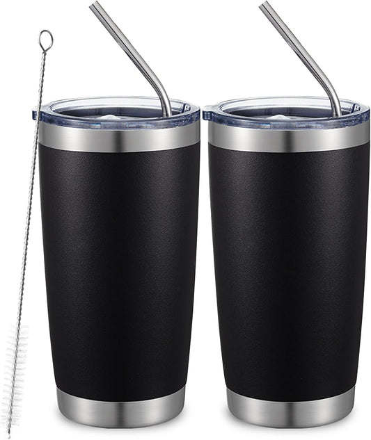 COMOOO 20oz Double Wall Vacuum Insulated Travel Mug, Stainless Steel Tumbler with Lid and Straw Durable Powder Coated Insulated Coffee Cup for Cold & Hot Drinks (Black. 2 pack