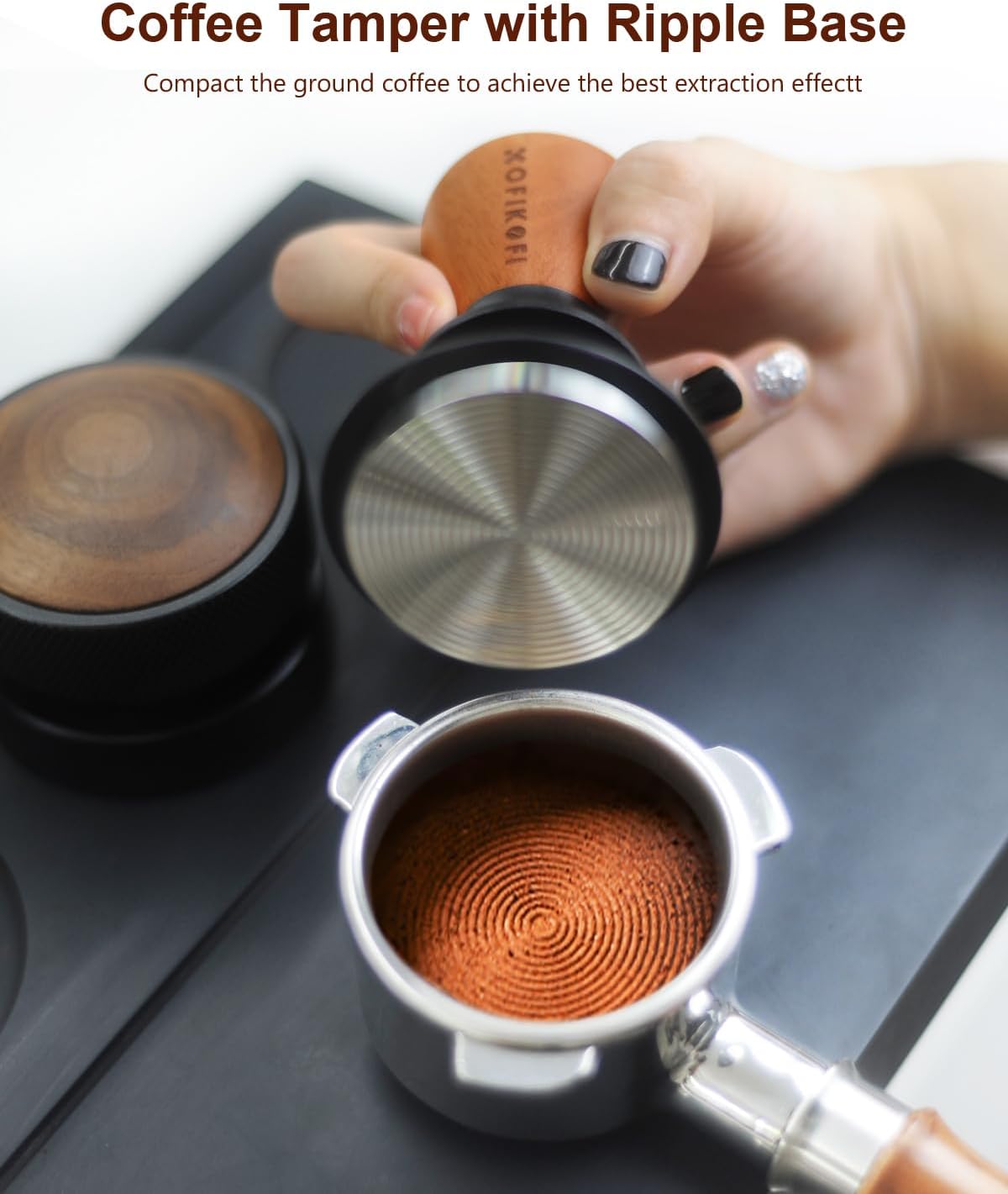 53.3mm Espresso Tamper, Coffee Tamper with Stainless Steel Ripple Base, Barista Espresso Coffee Tamper with 30lbs Spring Loaded and Rosewood Handle Fits for Breville Series 54mm Portafilter