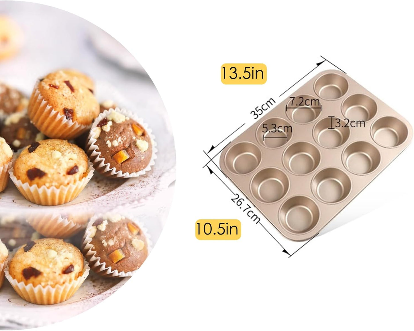 12-Cup Muffin Pan Tin for Baking, 2 Packs Nonstick Cupcake Pan Tin, Cup Cake Tray, Cheesecake Pans, Gold