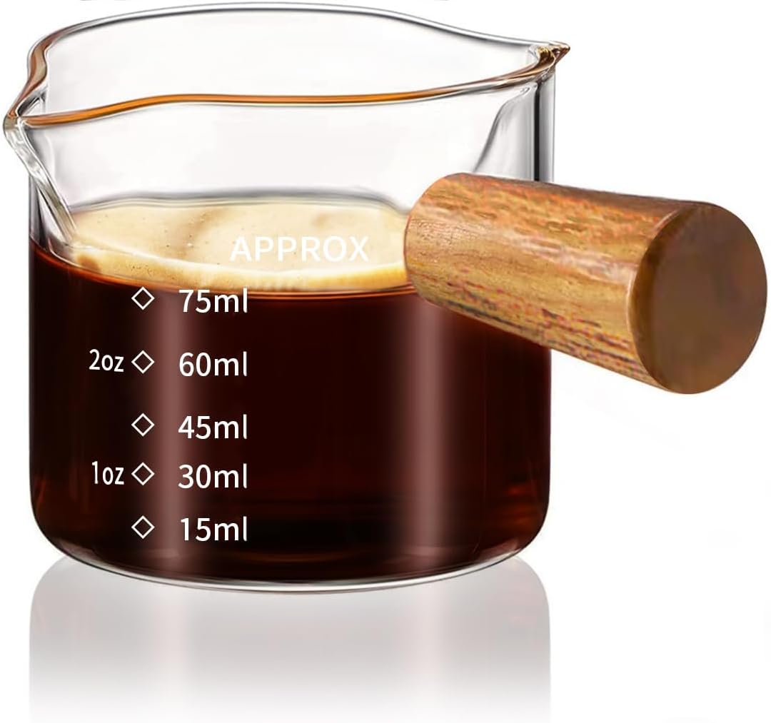 YARRAMATE 3.4oz Espresso Cups with Wood Handle, Clear Glass Espresso Accessories, Double Spout Measuring Cup with Dual Scale, Espresso Shot Glass with V-Shaped Spout