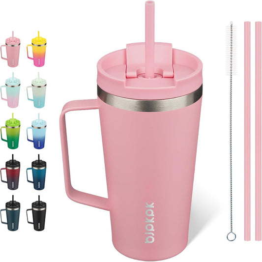 BJPKPK Insulated Tumbler with Handle, 18oz Insulated Tumblers with Lid and Straw, Stainless Steel Metal Water Bottles, Coffee Travel Mugs, Cups, Light Pink