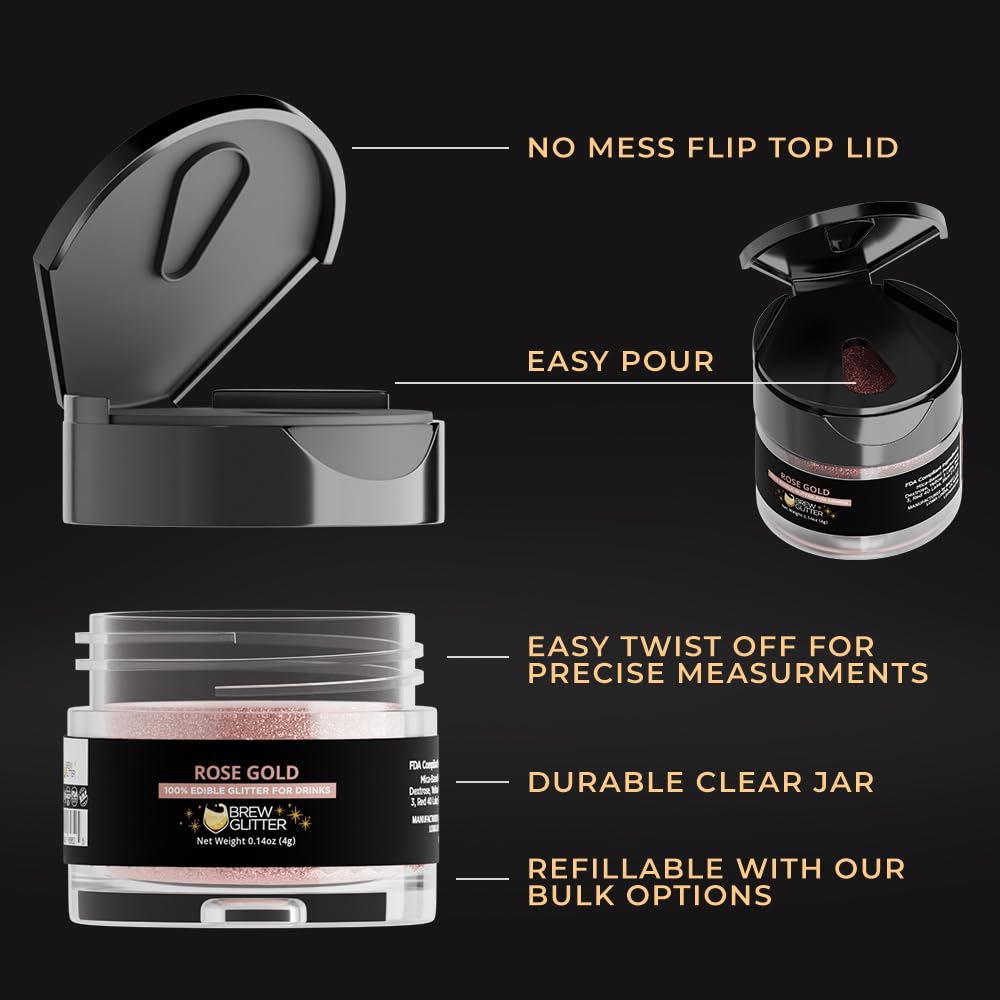 Brew Glitter - Rose Gold Edible Drink Glitter 1x 4g Jar for Cocktails, Beer, & Beverages