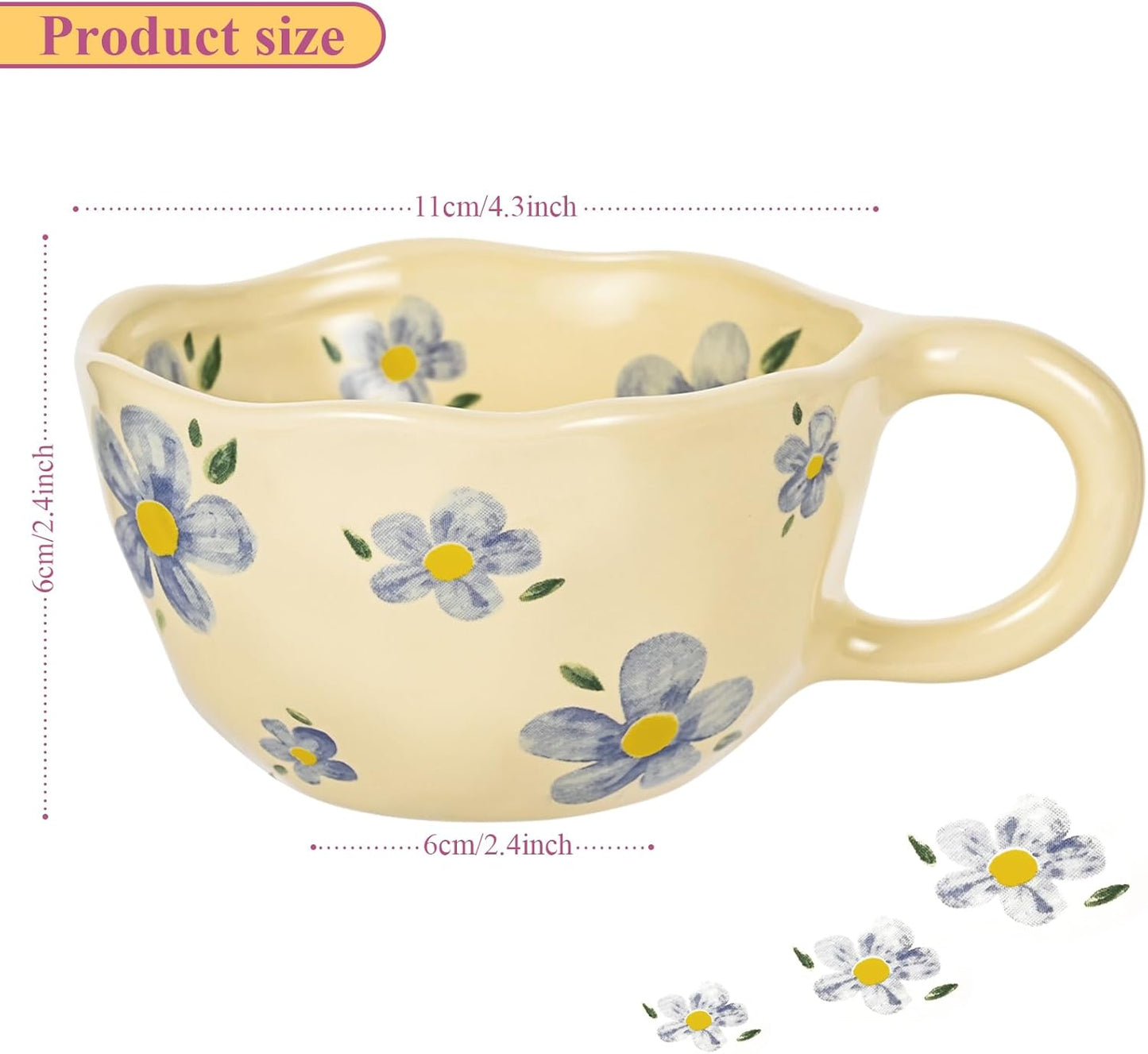 Ceramic Coffee Mug Vintage Flower Mugs 8 oz Cute Floral Coffee Mugs Irregular Latte Art Cup Lead-free Porcelain Cups for Cappuccino, Cocoa (4 Pack)