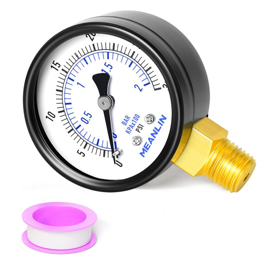 MEANLIN MEASURE 0-30Psi Well Pump Pressure Gauge 1/4" NPT 2" FACE DIAL for Pool Sand Filter Water Oil Air Pressure Test Lower Mount, with Teflon Tape