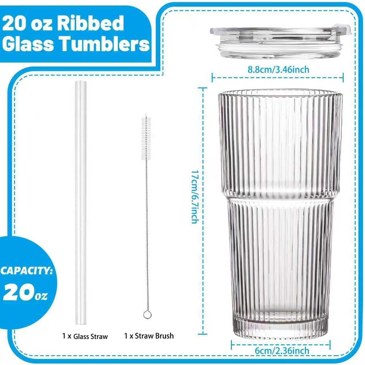 20 oz Glass Tumbler with Lid and Straw, 2 Pack Clear Ribbed Iced Coffee Cup, High Borosilicate Glass Tumbler, Reusable Vintage Glassware for Iced Coffee, Smoothies, Cocktails, and Juices