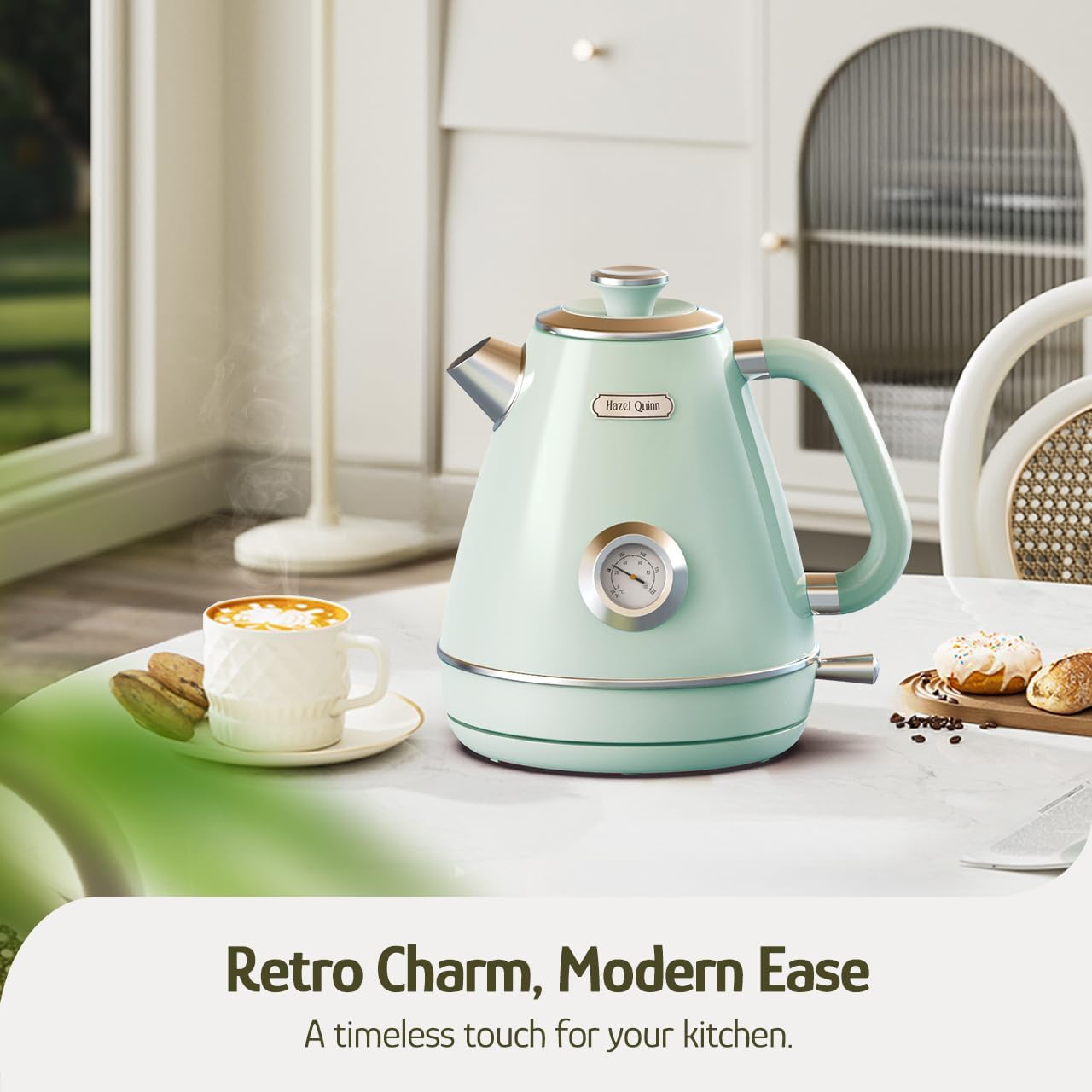 Hazel Quinn Retro Electric Kettle - 1.7 Liters / 57.5 Ounces Tea Kettle with Thermometer, All Stainless Steel, 1200 Watts Fast Boiling, BPA-free, Cordless, Automatic Shut Off - Mint Green