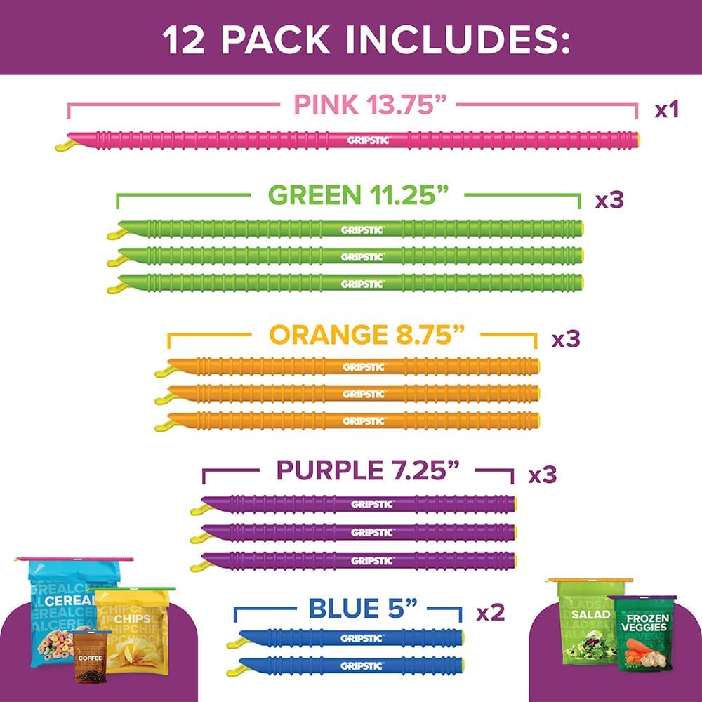 GripStic 12pc Assorted Bag Clips. Durable and reusable chip clips seal food bags air tight. Set includes: (2) 5" Blue, (3) 7.25" Purple, (3) 8.75" Orange, (3) 11.25" Green, (1) 13" Pink.