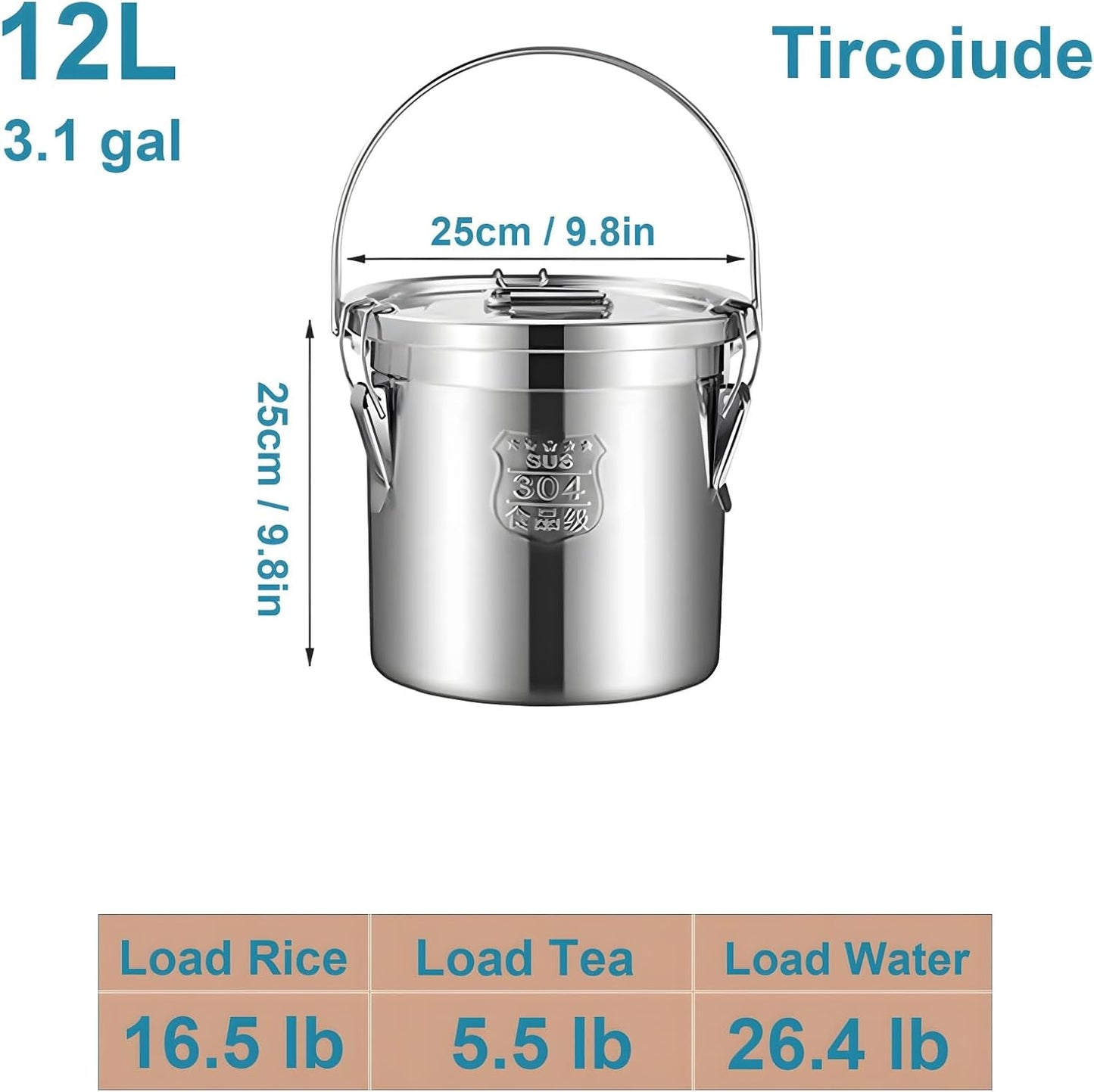 304 Stainless Steel Kitchen Airtight Canister, 12L 3.1 gal Rice Oil Food Storage Bucket Transport Can with andles Airtight Lid for Rice Flour Grain Coffee Bean Pail Container