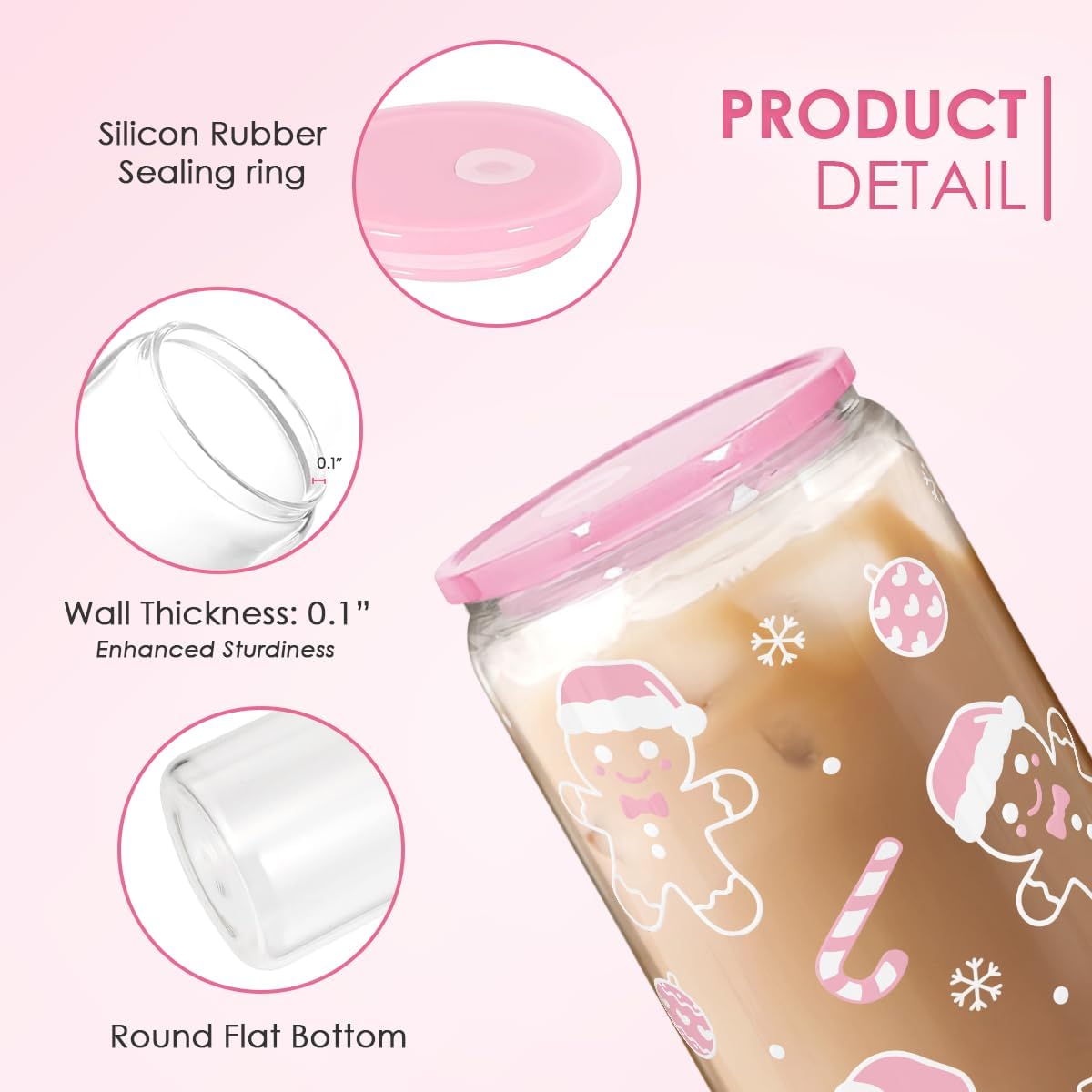 Christmas Gingerbread 16oz Can Glass Tumbler with Acrylic Lid & Straw, Iced Coffee Cup for Women Girls, Aesthetic Cups Gifts for Xmas