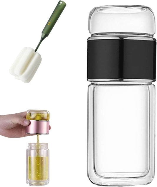 2025 New Tryteava Glass Infuser, Teava 3-In-1 Smart Tea Infuser with Cup Brush, Double-Layer Borosilicate Glass Tryteava Tea infusers Separation Cup (Black, 280ml (9.5oz))