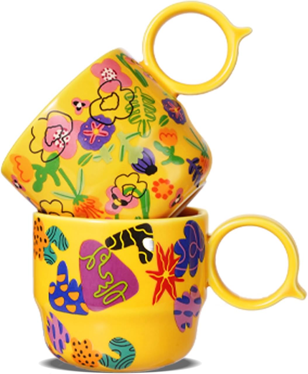 Ceramic Mini Espresso Cups Set of 2 – 3 oz Double Espresso Coffee Cups with Q Handle, Yellolw Floral and fruit Pattern, Small Espresso Shot Cups for Home Coffee Bar,Lungo