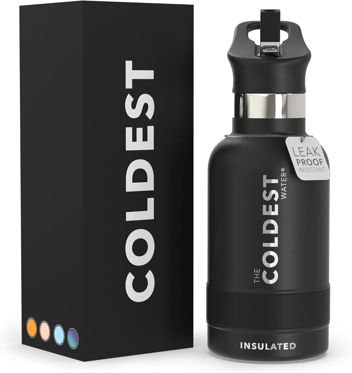Coldest Insulated Water Bottle with Straw Lid - Stainless Steel Metal Insulated Bottle for Men & Women (Stealth Black, 12 oz)